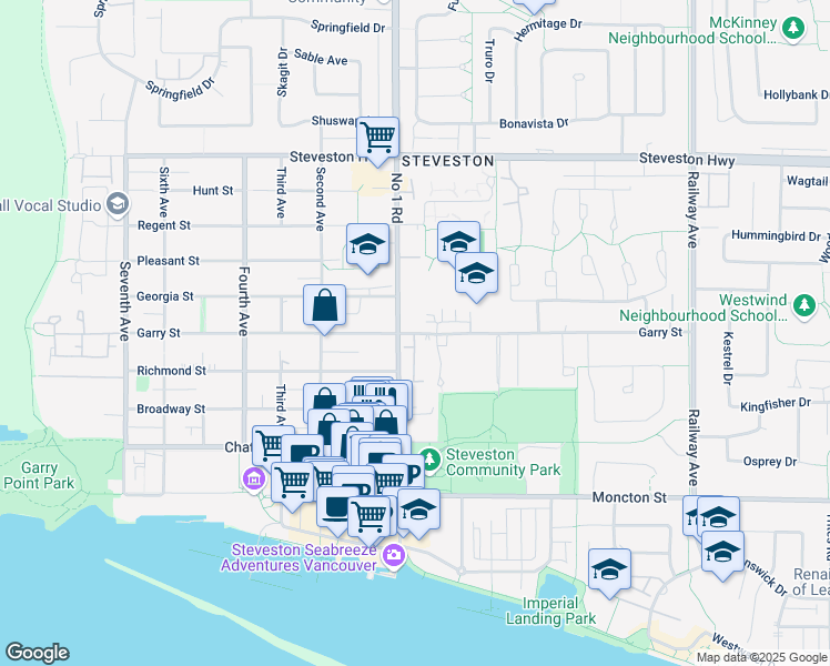 map of restaurants, bars, coffee shops, grocery stores, and more near Garry Street in Richmond