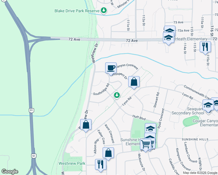map of restaurants, bars, coffee shops, grocery stores, and more near 11062 Southridge Road in Delta