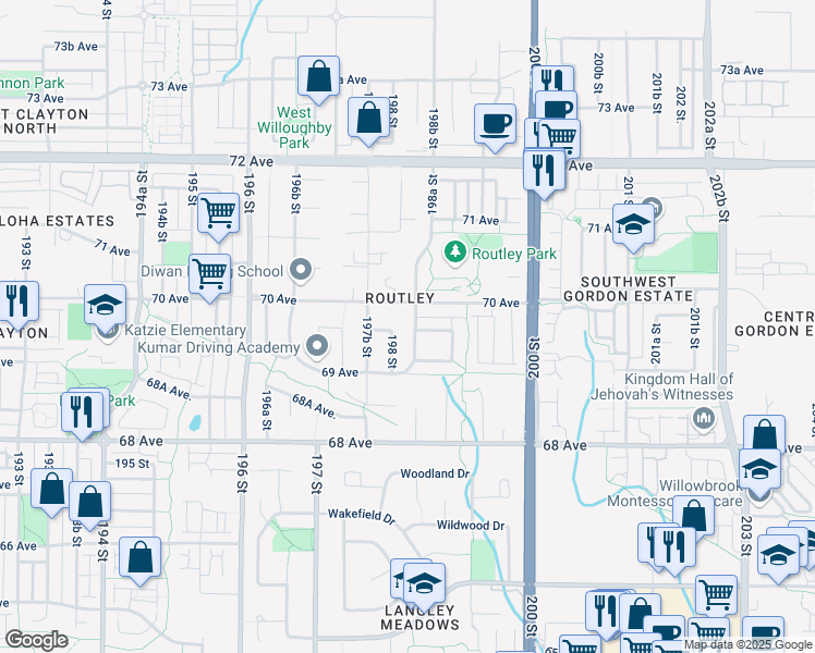 map of restaurants, bars, coffee shops, grocery stores, and more near 6973 198A Street in Langley City