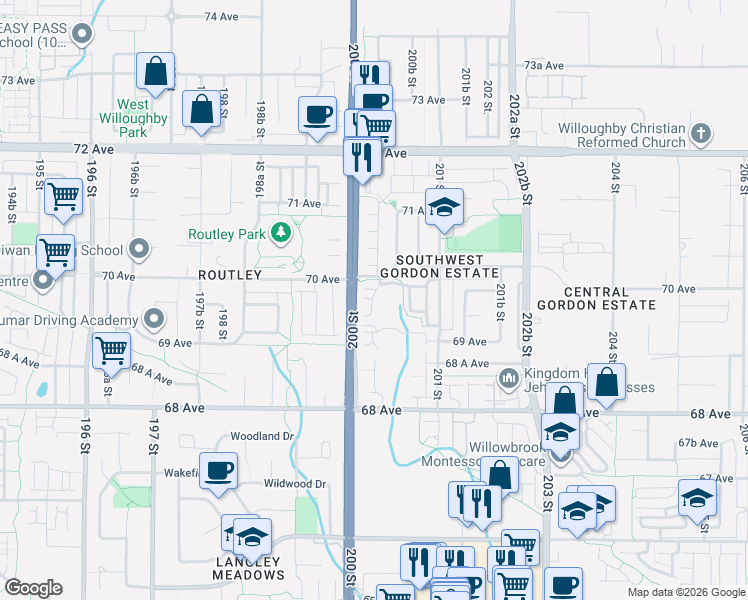 map of restaurants, bars, coffee shops, grocery stores, and more near 20038 70 Avenue in Langley Township