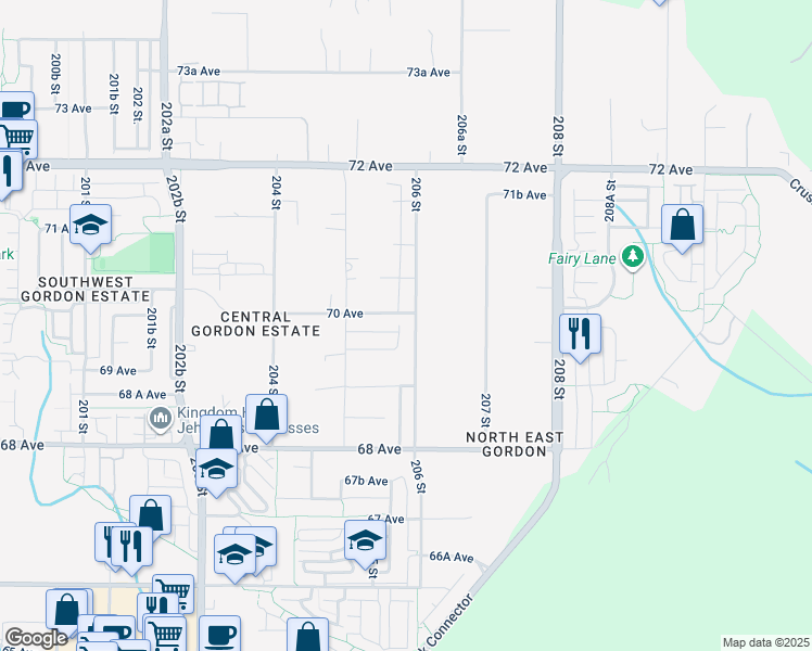 map of restaurants, bars, coffee shops, grocery stores, and more near 6983 206 Street in Langley