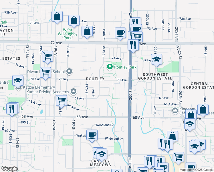 map of restaurants, bars, coffee shops, grocery stores, and more near 19879 69B Avenue in Langley