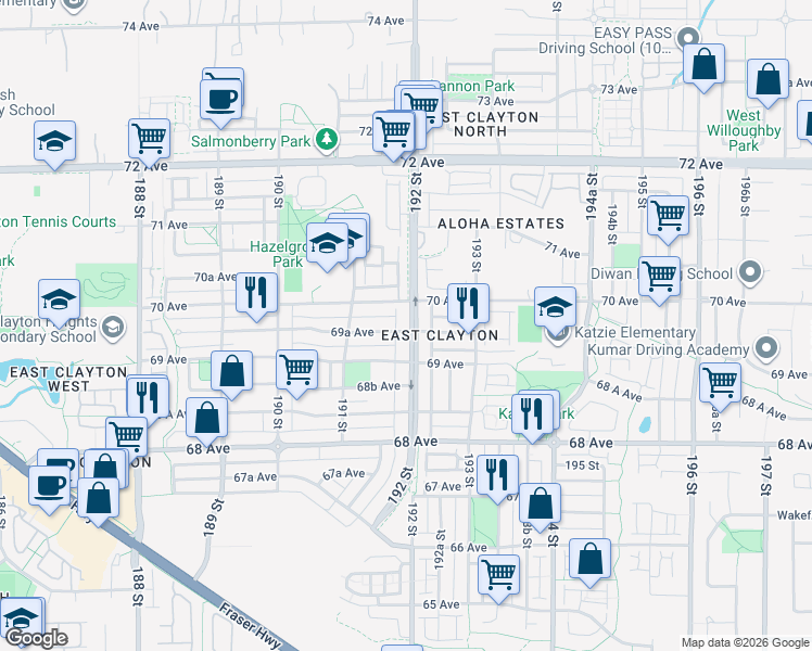 map of restaurants, bars, coffee shops, grocery stores, and more near 6953 192 Street in Surrey