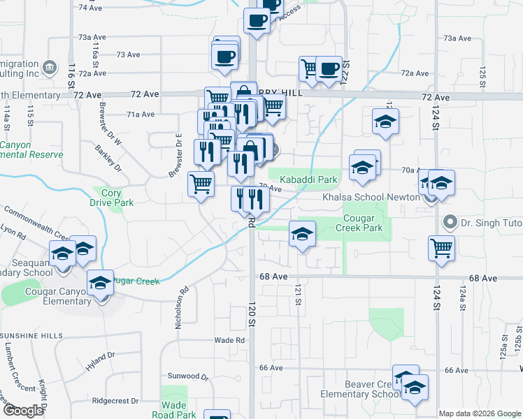 map of restaurants, bars, coffee shops, grocery stores, and more near 6960 120 Street in Surrey