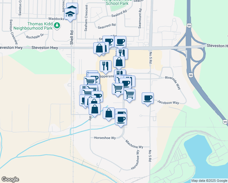 map of restaurants, bars, coffee shops, grocery stores, and more near 11471 Blacksmith Place in Richmond