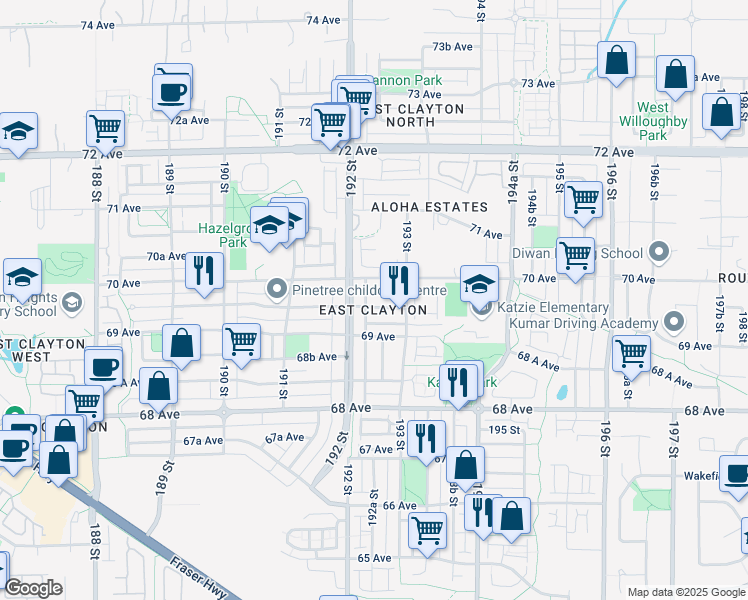 map of restaurants, bars, coffee shops, grocery stores, and more near 19239 69A Avenue in Surrey