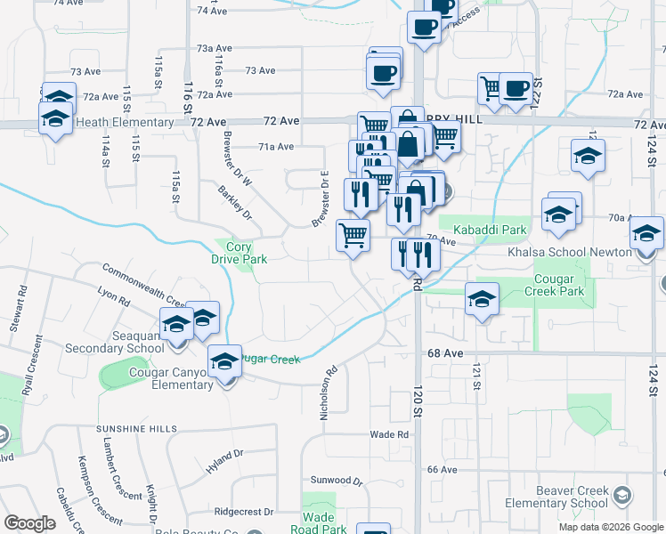 map of restaurants, bars, coffee shops, grocery stores, and more near 11848 Caribou Road in Delta