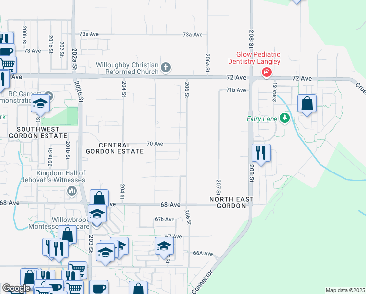 map of restaurants, bars, coffee shops, grocery stores, and more near 6989 206 Street in Langley City