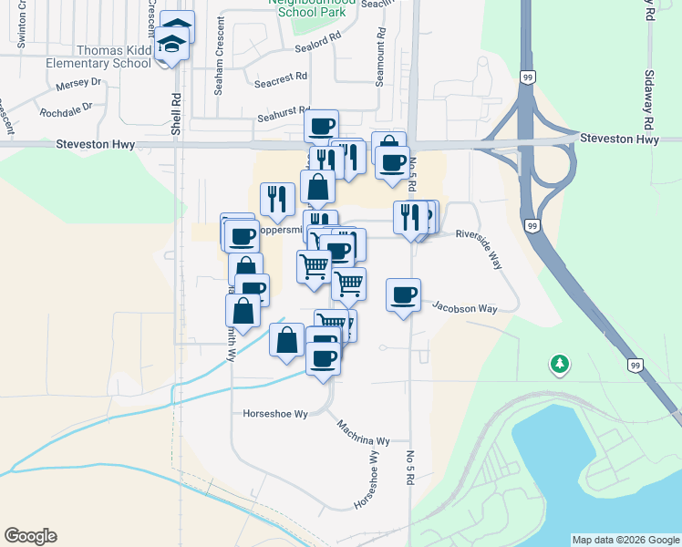 map of restaurants, bars, coffee shops, grocery stores, and more near 11220 Horseshoe Way in Richmond