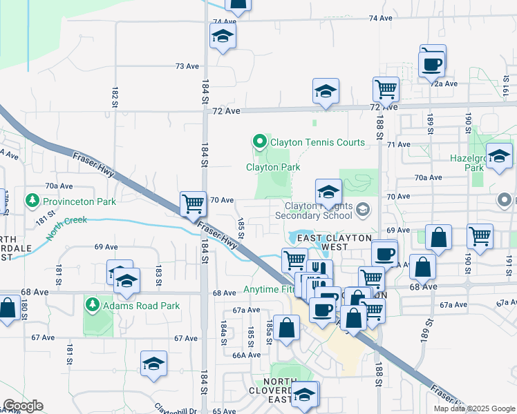 map of restaurants, bars, coffee shops, grocery stores, and more near 18522 70 Avenue in Surrey