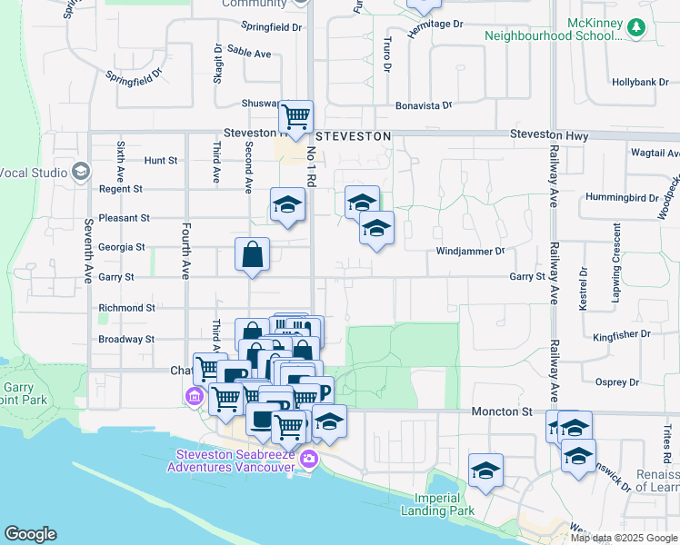 map of restaurants, bars, coffee shops, grocery stores, and more near 4109 Garry Street in Richmond