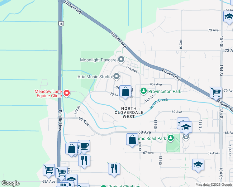 map of restaurants, bars, coffee shops, grocery stores, and more near 17879 70 Avenue in Surrey