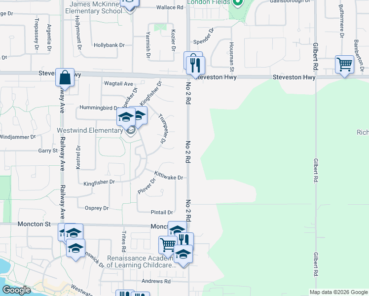 map of restaurants, bars, coffee shops, grocery stores, and more near 11551 Number 2 Road in Richmond
