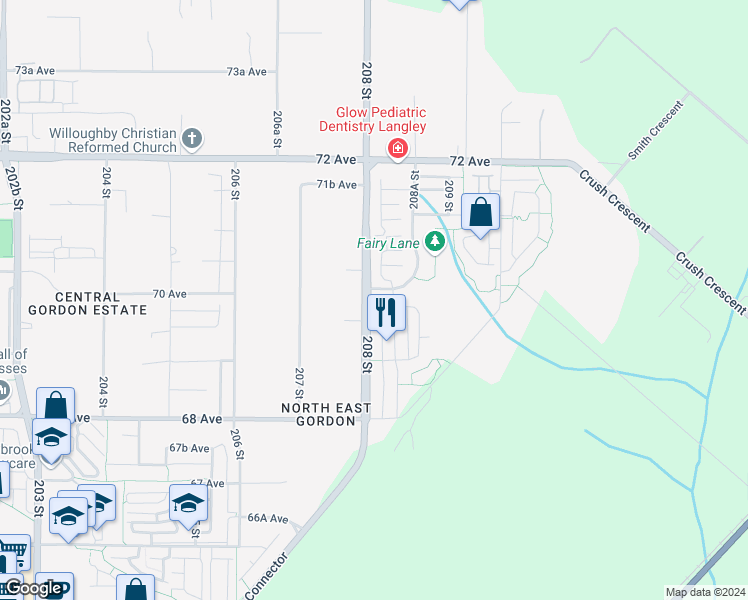 map of restaurants, bars, coffee shops, grocery stores, and more near 2 208 Street in Langley