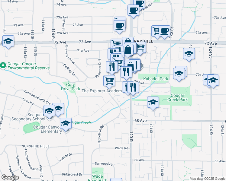 map of restaurants, bars, coffee shops, grocery stores, and more near 6950 Nicholson Road in Delta