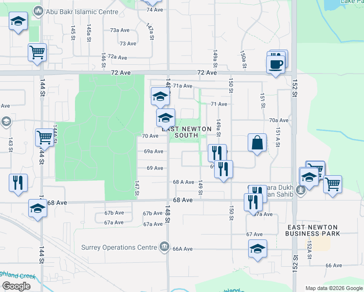 map of restaurants, bars, coffee shops, grocery stores, and more near 14845 69A Avenue in Surrey