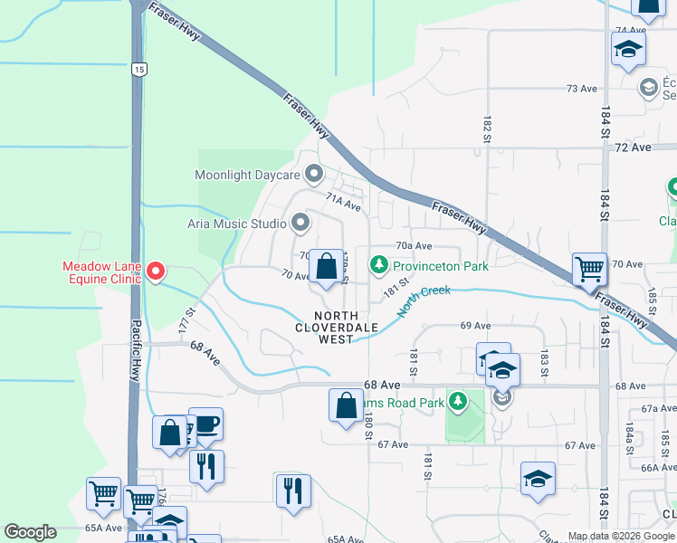 map of restaurants, bars, coffee shops, grocery stores, and more near 7013 179A Street in Surrey