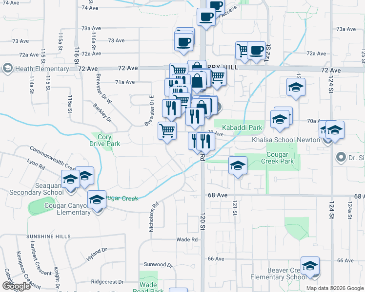 map of restaurants, bars, coffee shops, grocery stores, and more near 11920 70 Avenue in Delta
