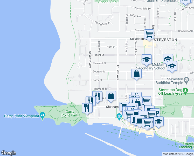 map of restaurants, bars, coffee shops, grocery stores, and more near 3111 Garry Street in Richmond