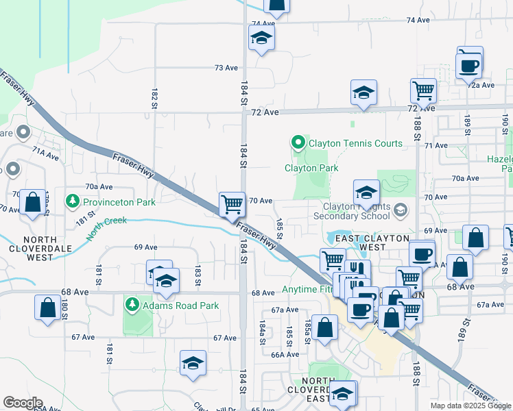 map of restaurants, bars, coffee shops, grocery stores, and more near 18430 70 Avenue in Surrey