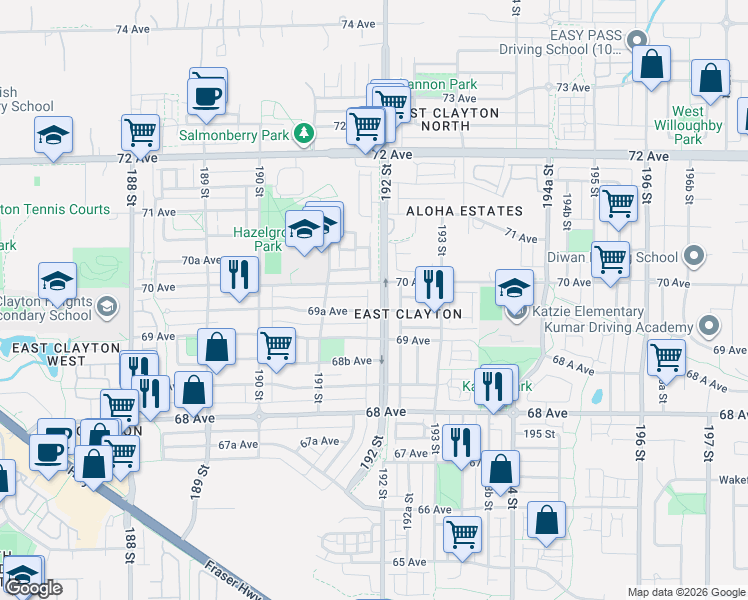 map of restaurants, bars, coffee shops, grocery stores, and more near 6965 192 Street in Surrey