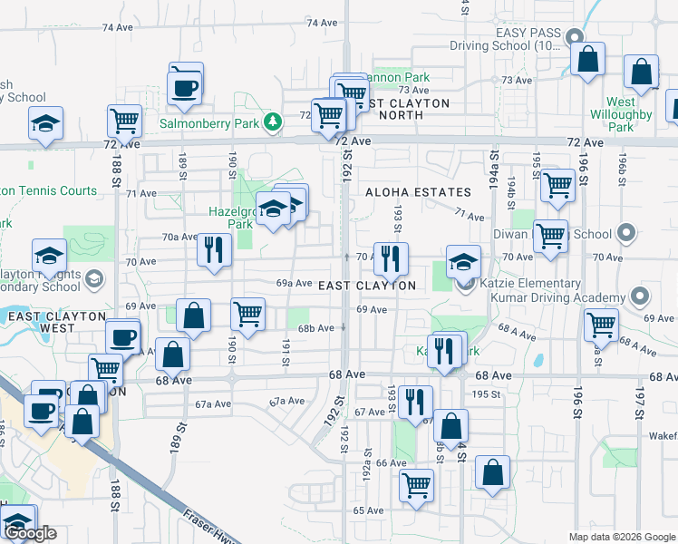 map of restaurants, bars, coffee shops, grocery stores, and more near 6965 192 Street in Surrey