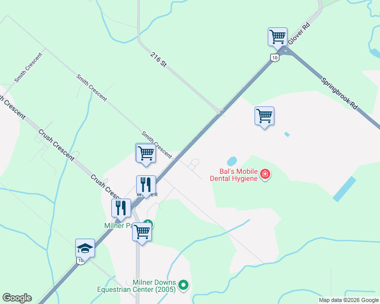 map of restaurants, bars, coffee shops, grocery stores, and more near 6976 Glover Road in Langley Township