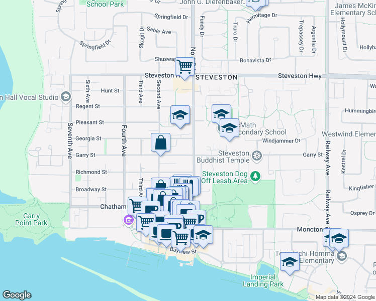 map of restaurants, bars, coffee shops, grocery stores, and more near 3933 Garry Street in Richmond