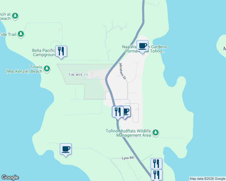 map of restaurants, bars, coffee shops, grocery stores, and more near 625 Hellesen Drive in Tofino