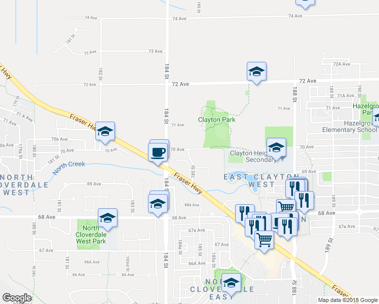 map of restaurants, bars, coffee shops, grocery stores, and more near 18470 70 Avenue in Surrey