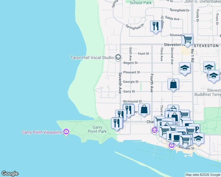 map of restaurants, bars, coffee shops, grocery stores, and more near 11491 Seventh Avenue in Richmond