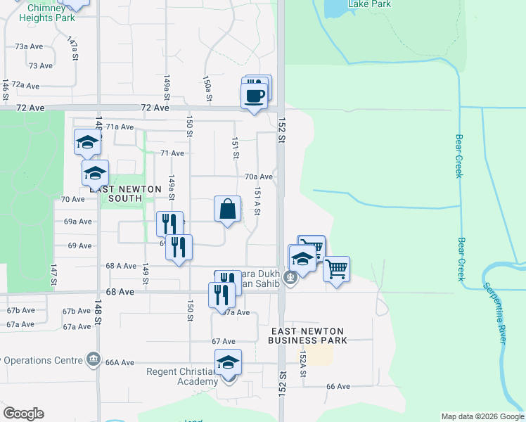 map of restaurants, bars, coffee shops, grocery stores, and more near 6968 151 A Street in Surrey