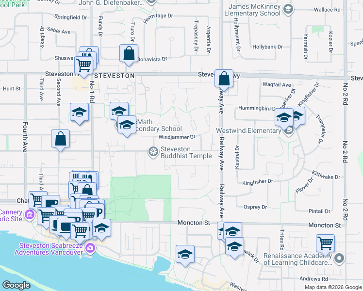 map of restaurants, bars, coffee shops, grocery stores, and more near 4591 Garry Street in Richmond
