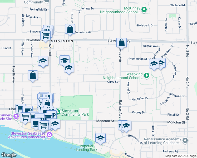 map of restaurants, bars, coffee shops, grocery stores, and more near 4591 Garry Street in Richmond