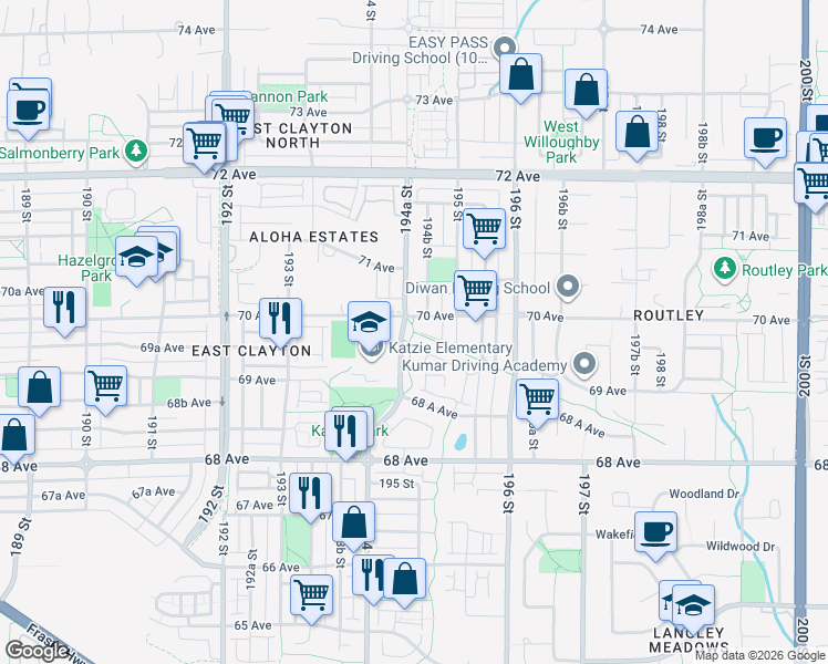 map of restaurants, bars, coffee shops, grocery stores, and more near East Clayton Greenway in Surrey
