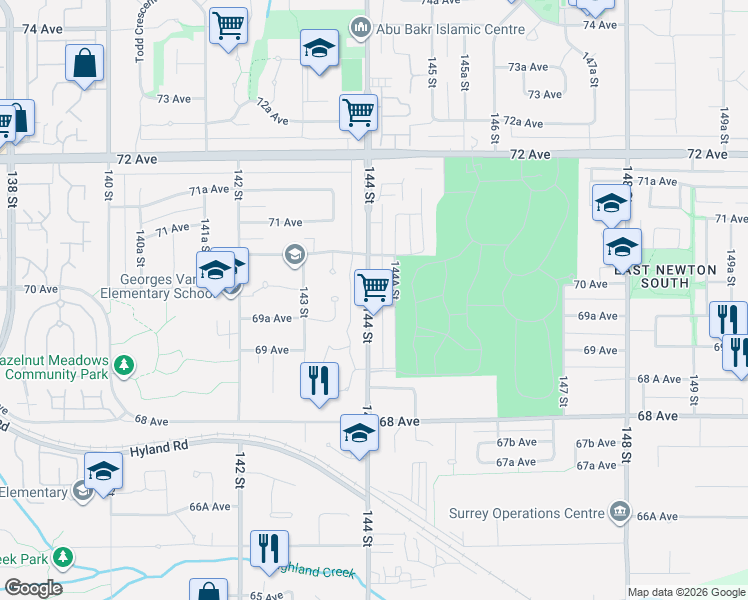 map of restaurants, bars, coffee shops, grocery stores, and more near 6976 144 Street in Surrey