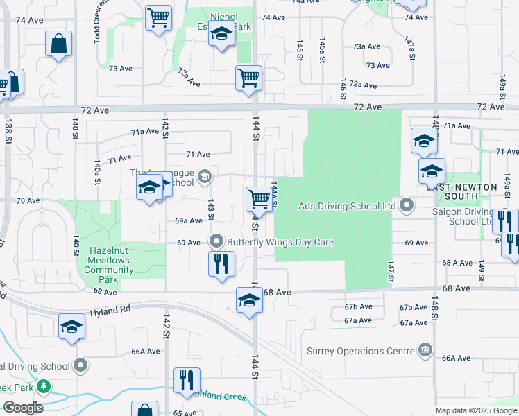 map of restaurants, bars, coffee shops, grocery stores, and more near 6976 144 Street in Surrey
