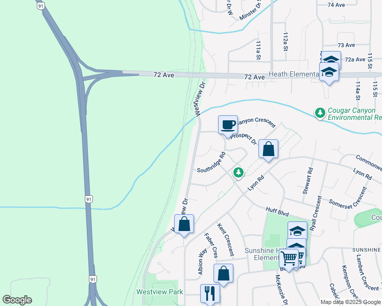 map of restaurants, bars, coffee shops, grocery stores, and more near 6971 Westview Drive in Delta