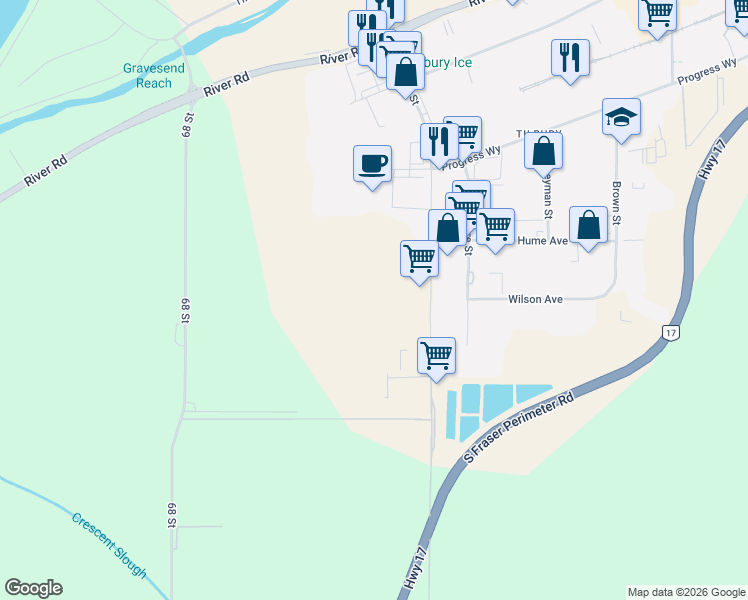 map of restaurants, bars, coffee shops, grocery stores, and more near 6951 72 Street in Delta