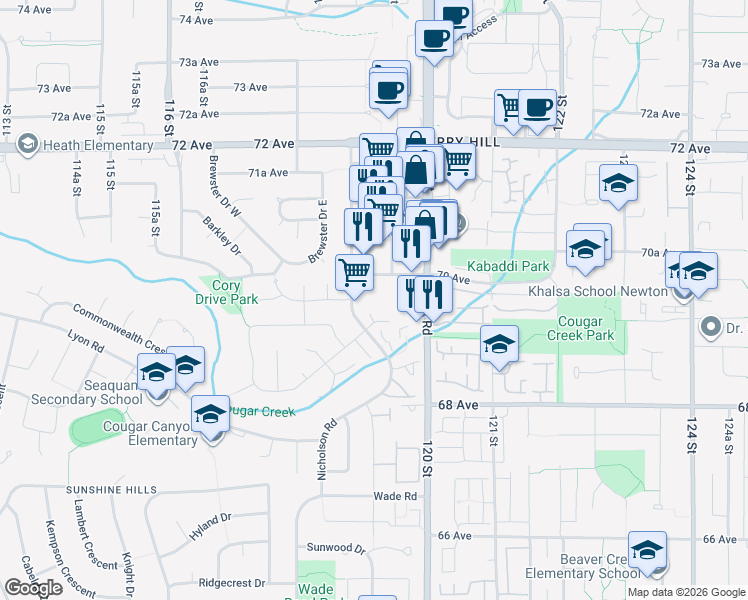 map of restaurants, bars, coffee shops, grocery stores, and more near 6960 Nicholson Road in Delta