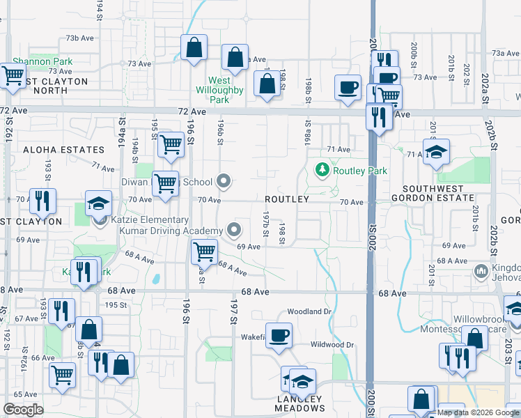 map of restaurants, bars, coffee shops, grocery stores, and more near 6991 197B Street in Langley