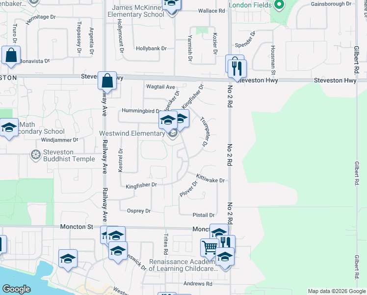 map of restaurants, bars, coffee shops, grocery stores, and more near 11451 Kingfisher Drive in Richmond