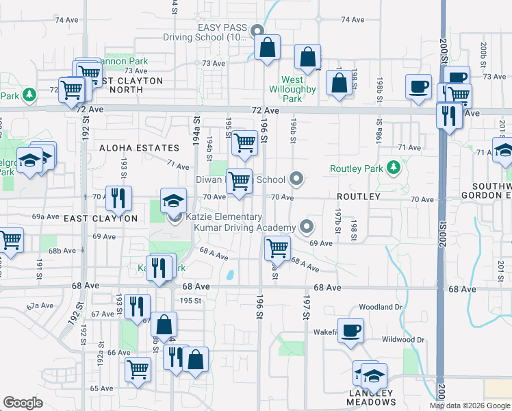 map of restaurants, bars, coffee shops, grocery stores, and more near 6983 196 Street in Surrey