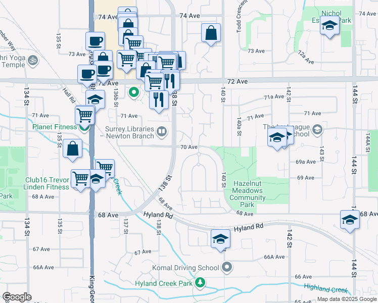 map of restaurants, bars, coffee shops, grocery stores, and more near 13870 70 Avenue in Surrey