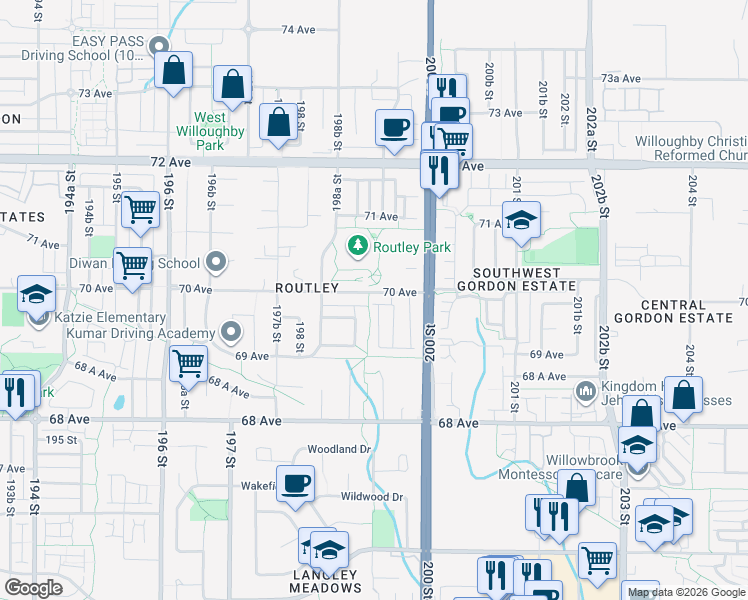 map of restaurants, bars, coffee shops, grocery stores, and more near 19932 70 Avenue in Langley Township