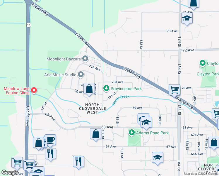 map of restaurants, bars, coffee shops, grocery stores, and more near 18043 70 Avenue in Surrey