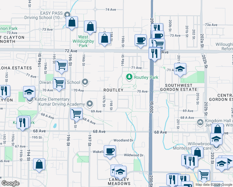 map of restaurants, bars, coffee shops, grocery stores, and more near 19832 70 Avenue in Langley Township