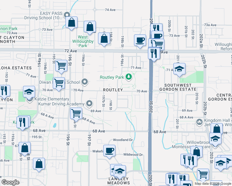 map of restaurants, bars, coffee shops, grocery stores, and more near 19832 70 Avenue in Langley Township