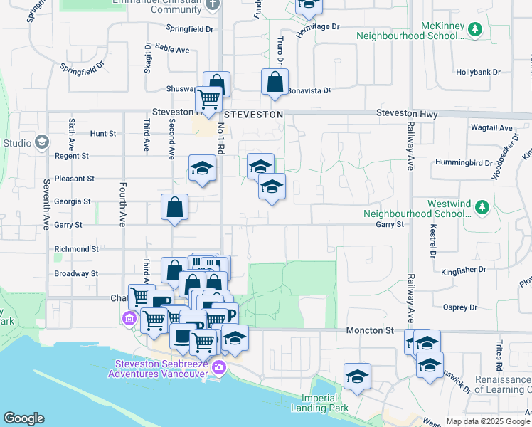 map of restaurants, bars, coffee shops, grocery stores, and more near 4211 Garry Street in Richmond
