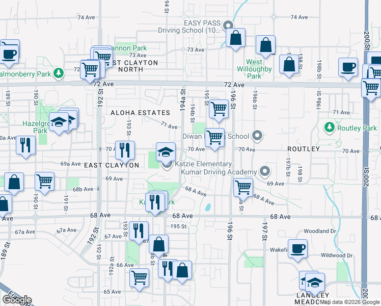 map of restaurants, bars, coffee shops, grocery stores, and more near 19468 70 Avenue in Surrey
